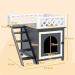 Cat Cave, Hut with Balcony & Stairs, Fir Wood, Grey
