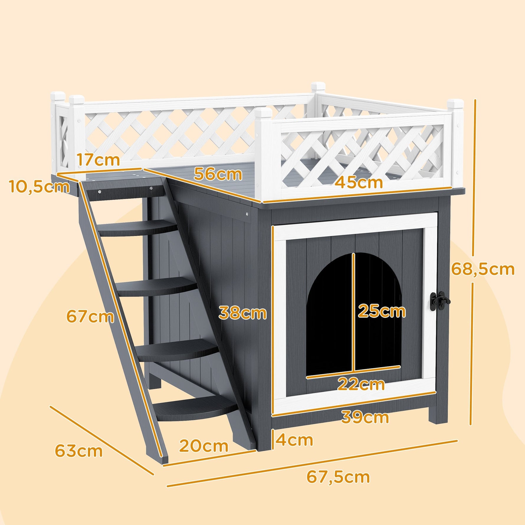 Cat Cave, Hut with Balcony & Stairs, Fir Wood, Grey
