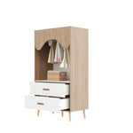 Children's Wardrobe Clothes Rail Drawers Open Storage, White Natural Wood Chipboard