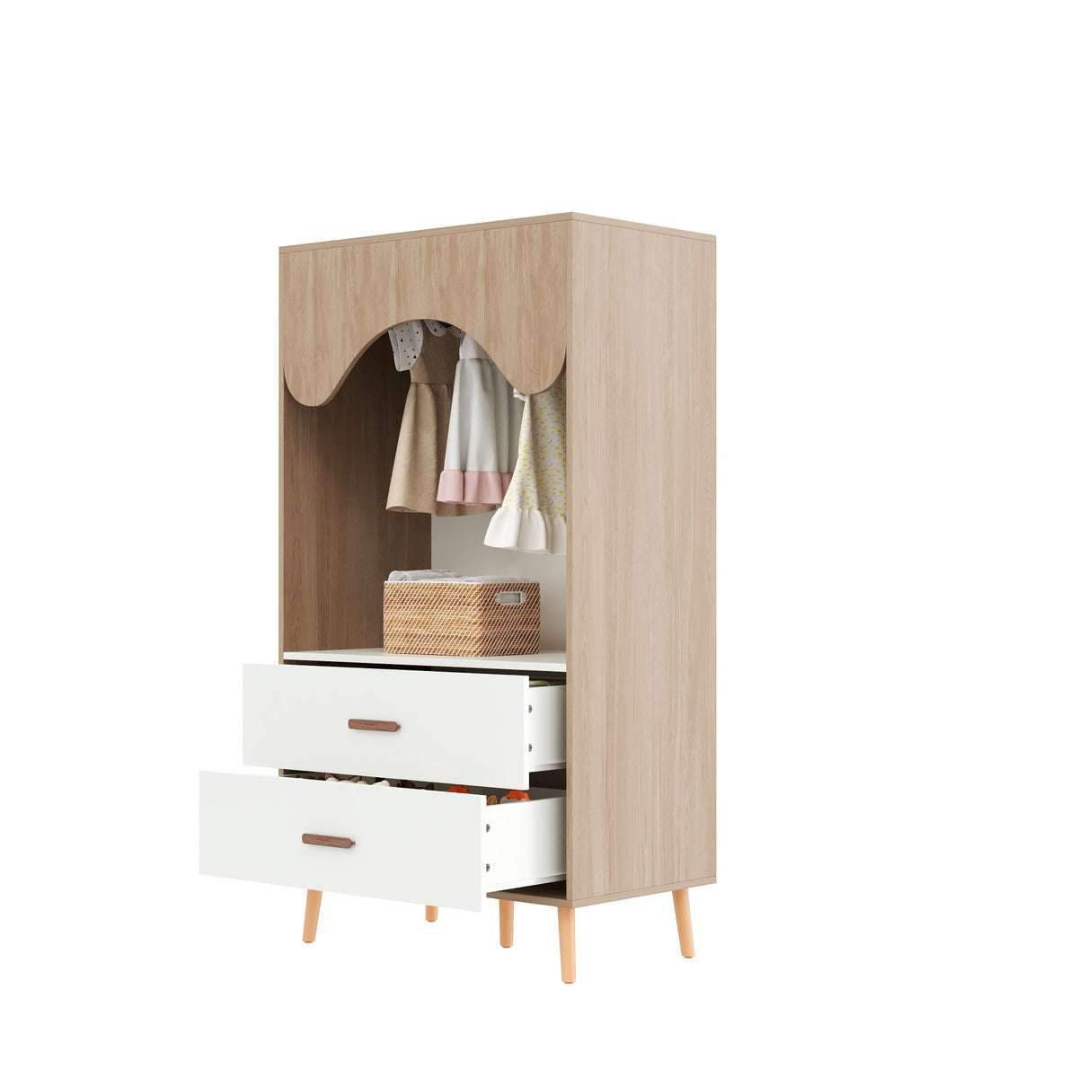 Children's Wardrobe Clothes Rail Drawers Open Storage, White Natural Wood Chipboard