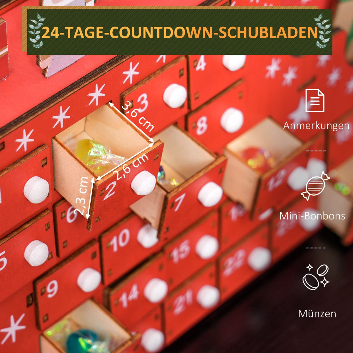 Advent Calendar, 24 Compartments Christmas Box, MDF Board Red