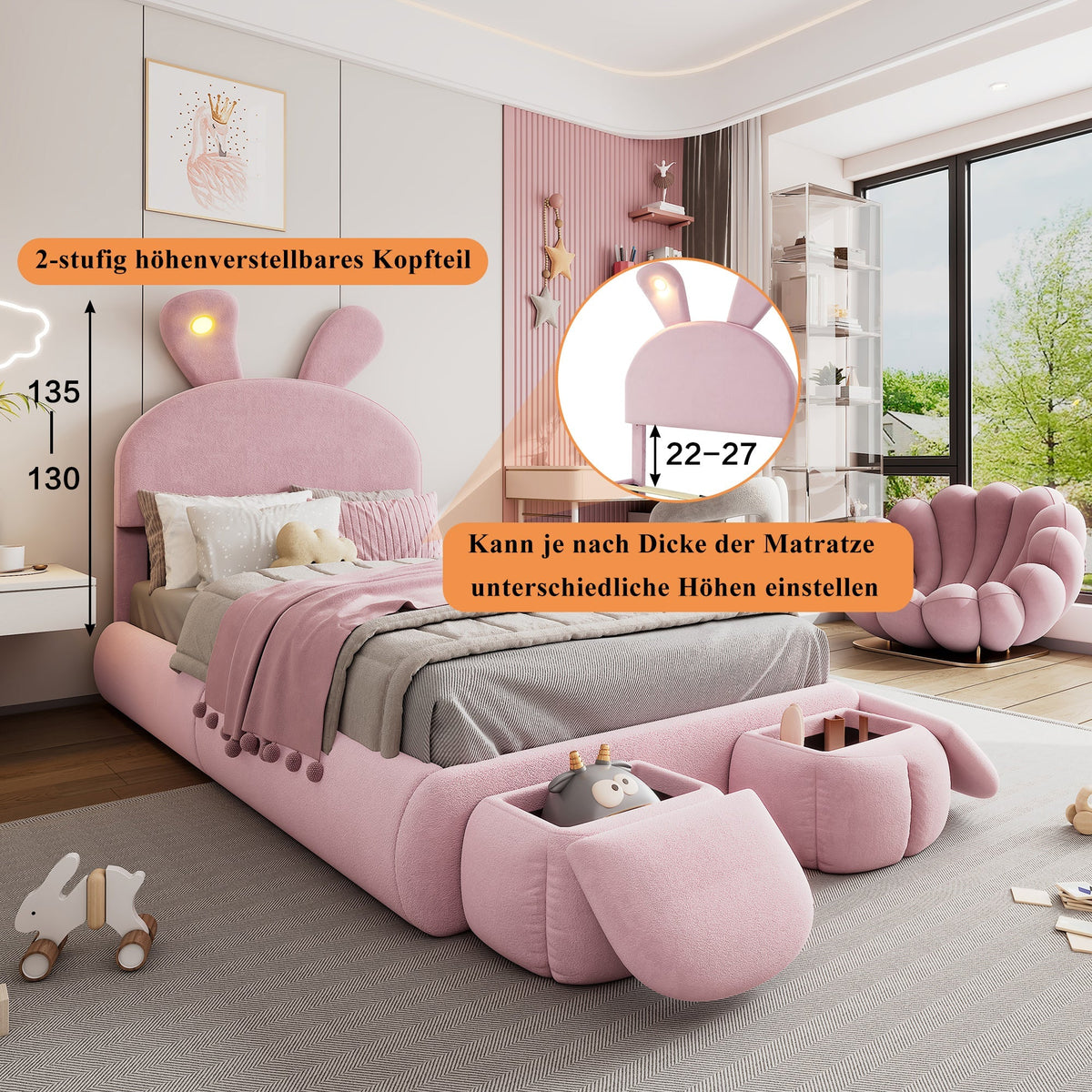 Upholstered Bed Single Bunny Ears LED Storage Stools Velvet Pink 90x200cm