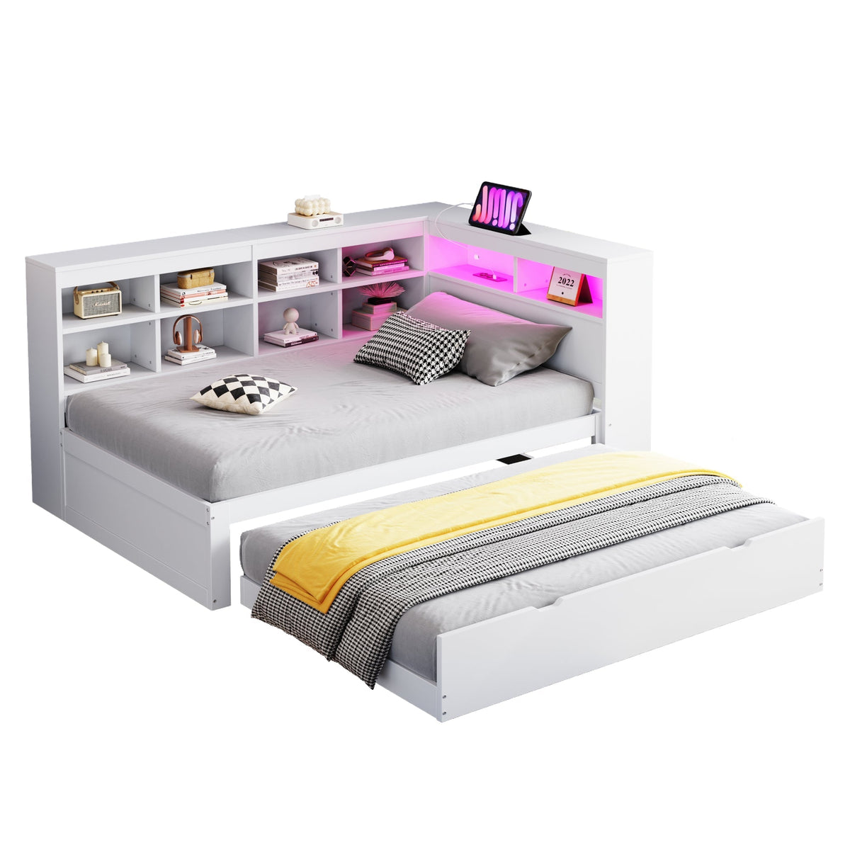 Solid Wood Sofa with Pull-Out Bed, USB & LED, White
