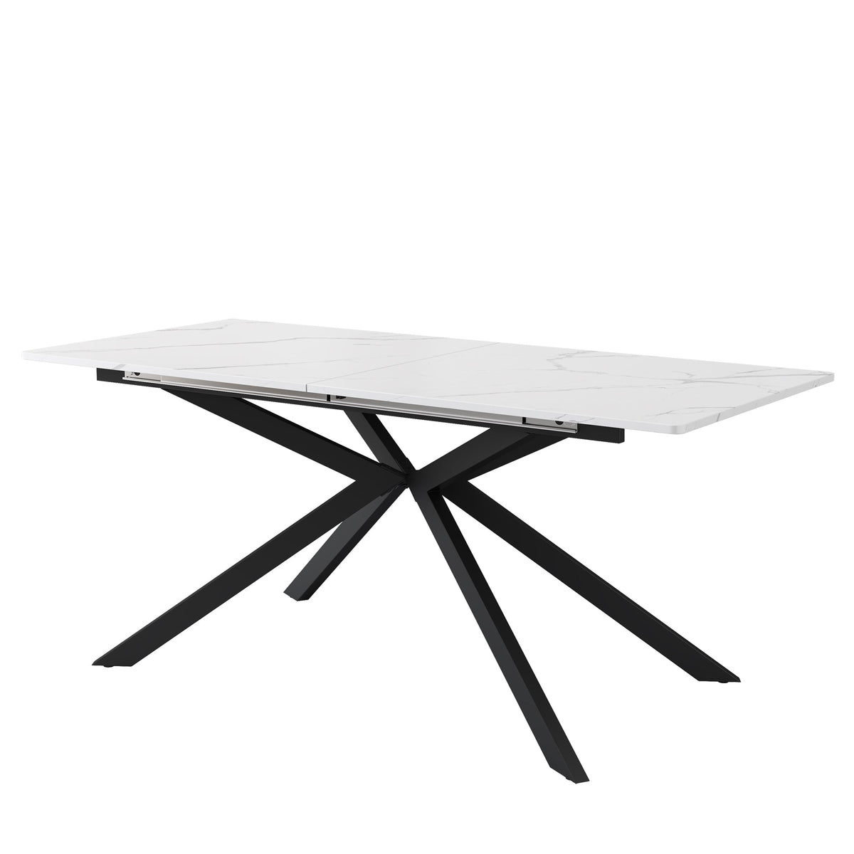 Extendable Dining Table with Automatic Extension and Cross Leg Design, Black and White Marble Look
