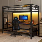 Loft Bed with Desk, USB, Power Outlets and App-Controlled LED Lights, 90x200cm, Black Metal