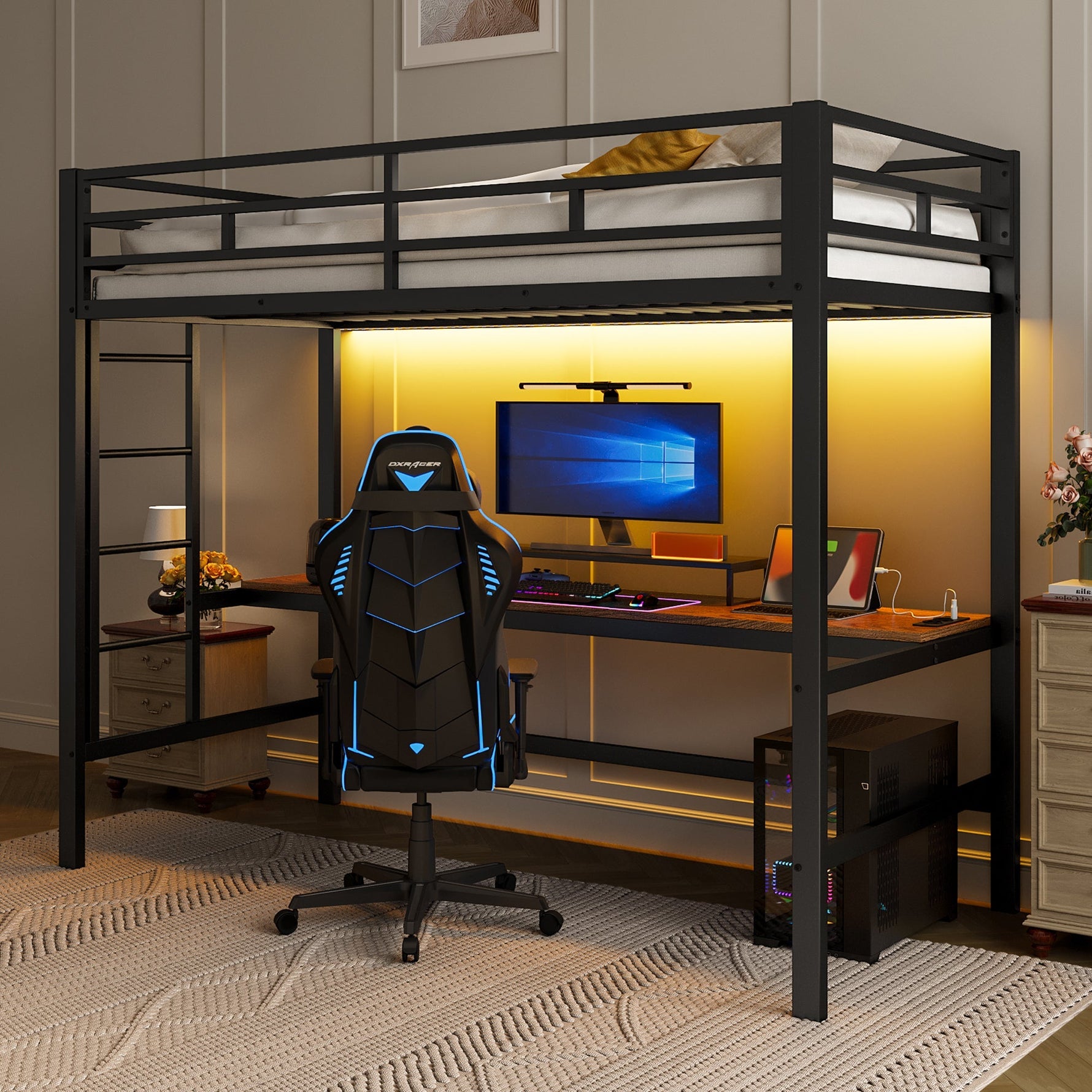 Loft Bed with Desk, USB, Power Outlets and App-Controlled LED Lights, 90x200cm, Black Metal