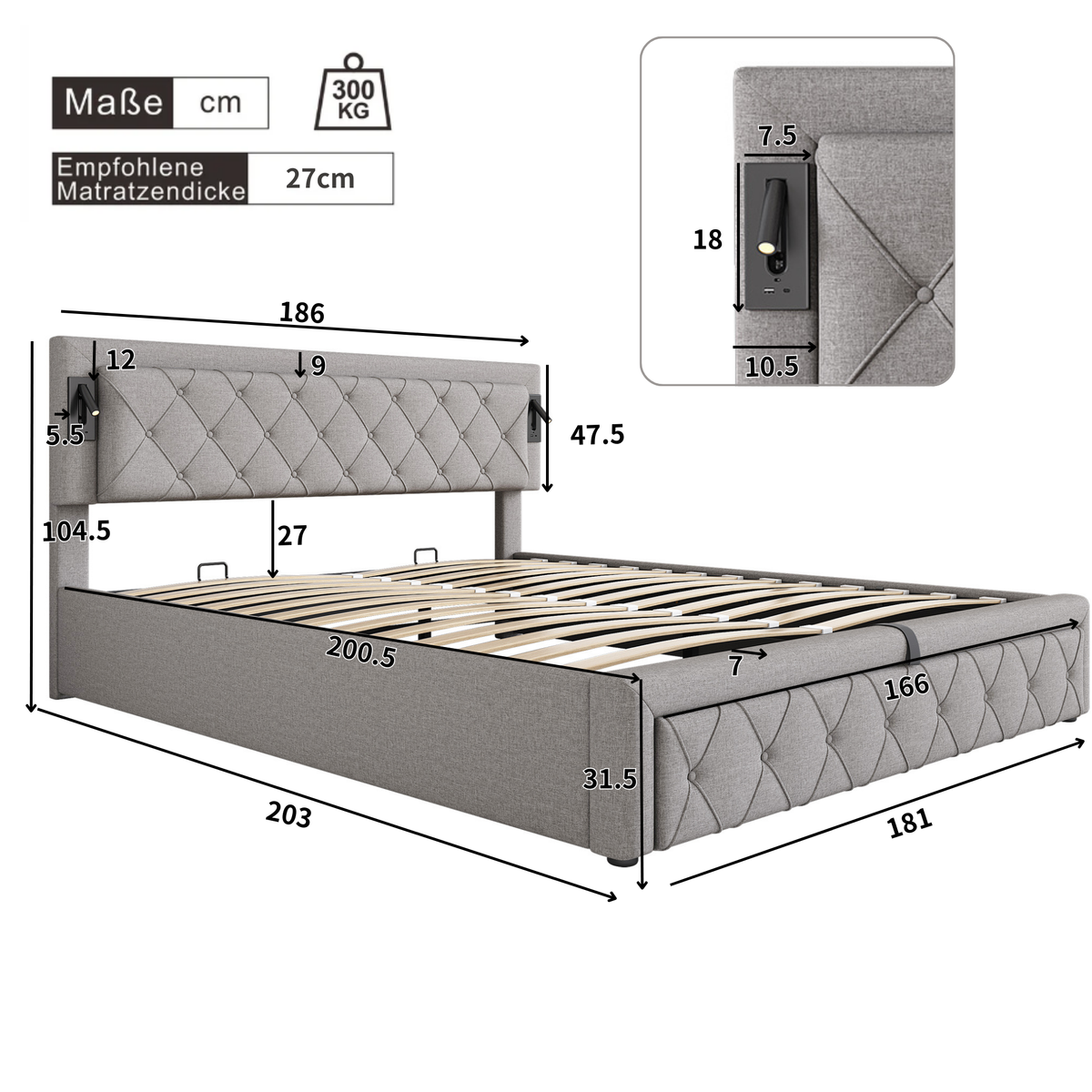 Upholstered Storage Bed 180x200 with USB & LED, Grey Linen