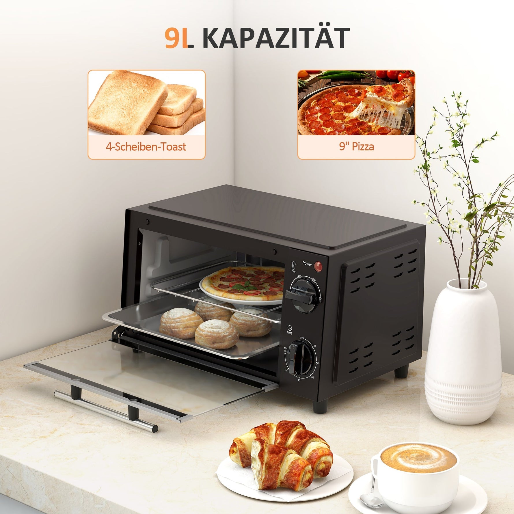 Mini Oven 9L 750W Adjustable Temp 60-Min Timer, Stainless Steel/Black