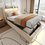 Upholstered Children's Bed with LED, USB, Storage, 90x200cm, Linen Fabric Beige