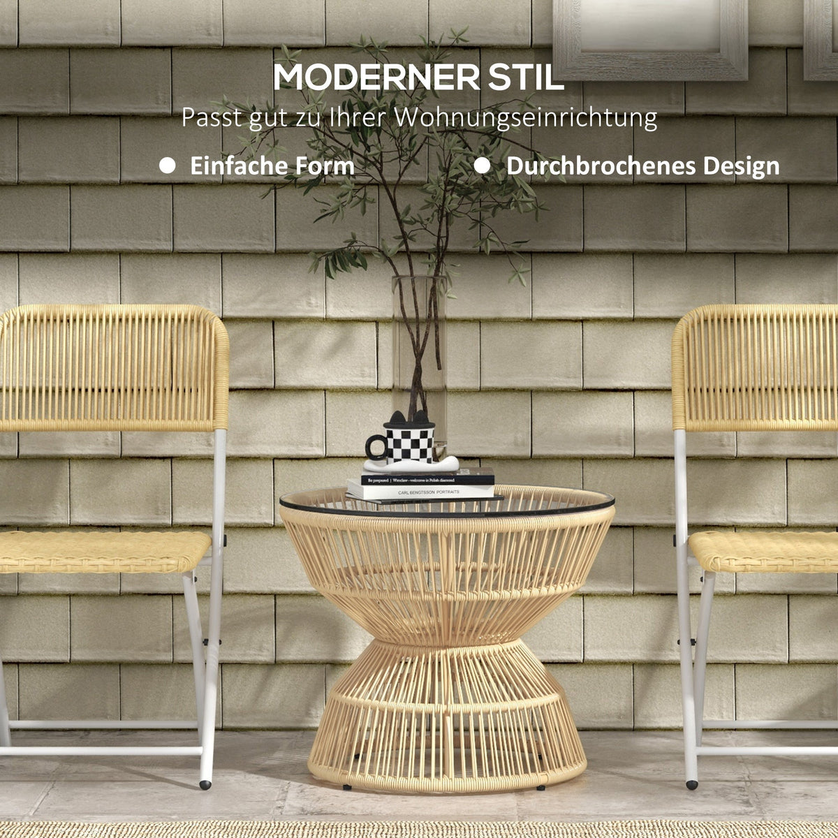 Rattan Side Table Ø60 cm Tempered Glass Boho Design Natural Wood