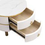 Coffee Table, 2-in-1 Round MDF & Tempered Glass with 2 Drawers, White & Brown