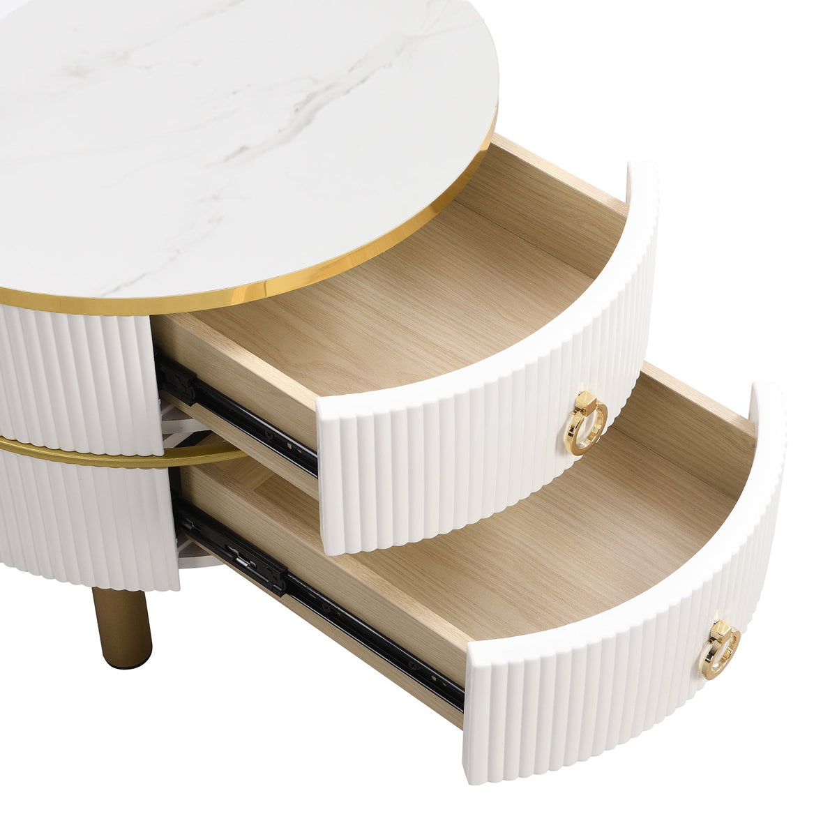 Coffee Table, 2-in-1 Round MDF & Tempered Glass with 2 Drawers, White & Brown