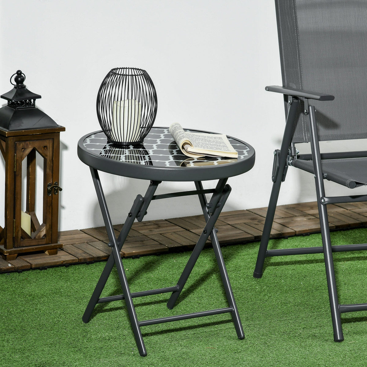 Folding Table Side Table Glass Top Black