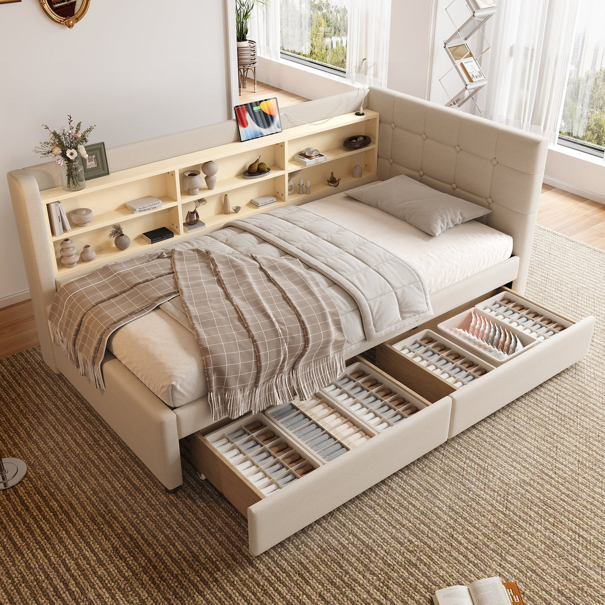 Daybed Sofa Bed 90x200cm 2 Drawers USB-Type C Storage - Linen Beige