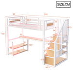 Metal Loft Bed with LED Light, Power Socket, Storage Ladder, Shelves and Desk, 90x200cm, White Metal