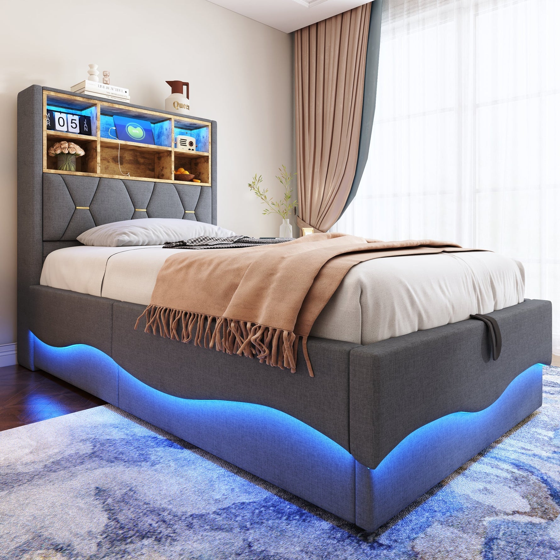 Children's Bed Hydraulic Storage LED USB Metal Frame, Grey Linen