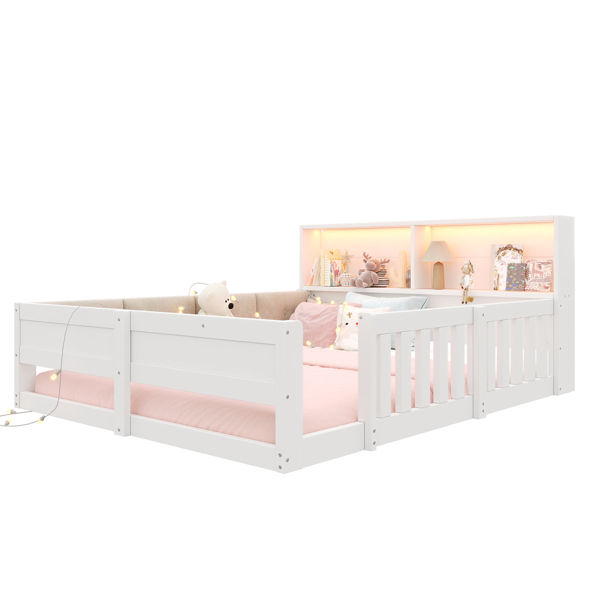 Flatbed Kids Bed 140x200cm with LED Light & Railings, White