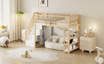 Loft Bed 90x200 High Fence Safety Design Storage Wardrobe, Solid Wood Color