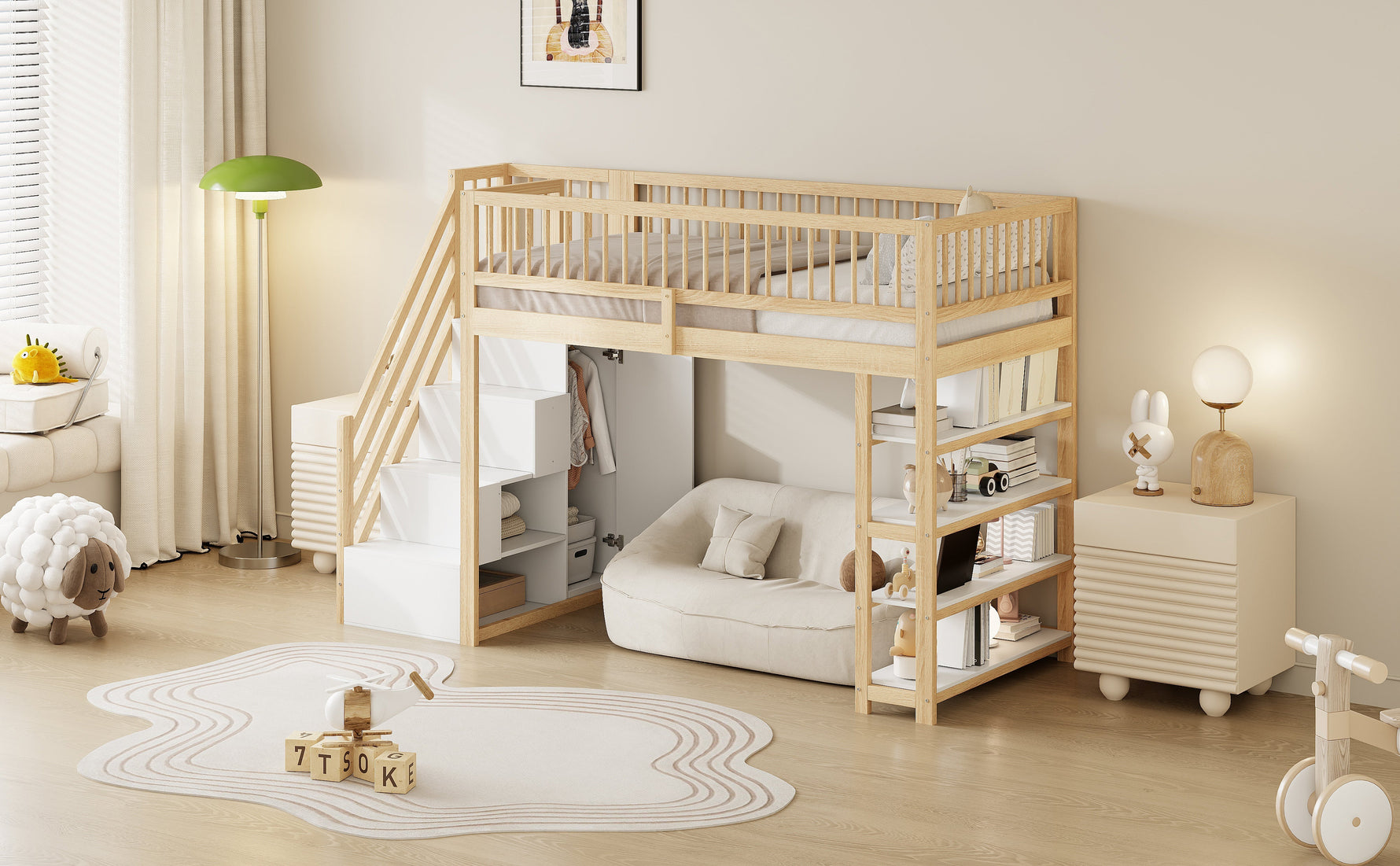 Loft Bed 90x200 High Fence Safety Design Storage Wardrobe, Solid Wood Color
