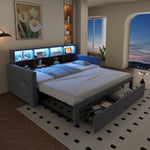 Extendable Upholstered Sofa Bed with LED Headboard, Storage and Charging Ports, Light Grey Velvet