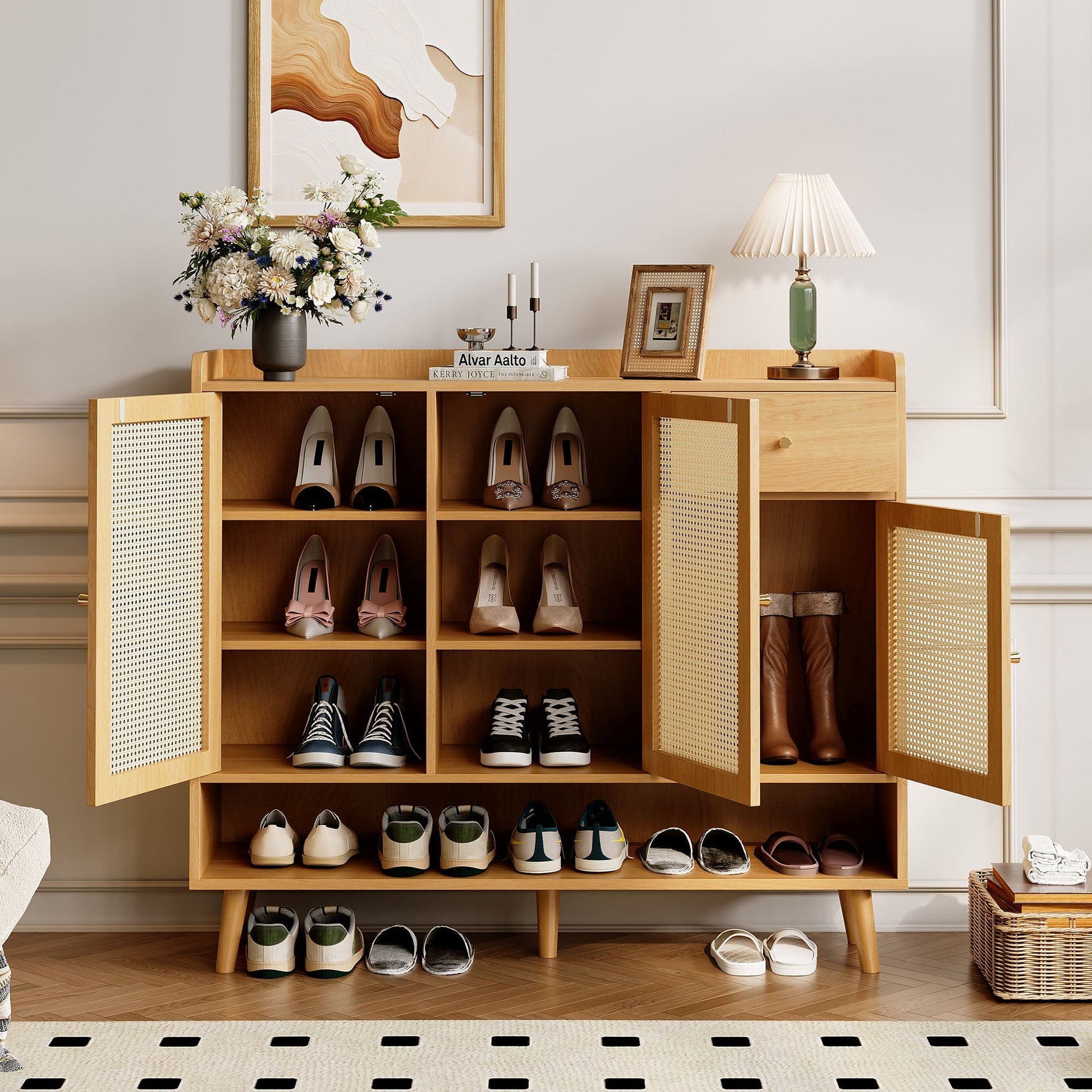 Natural rattan shoe cabinet, 3 doors, 1 drawer, 5 shelves