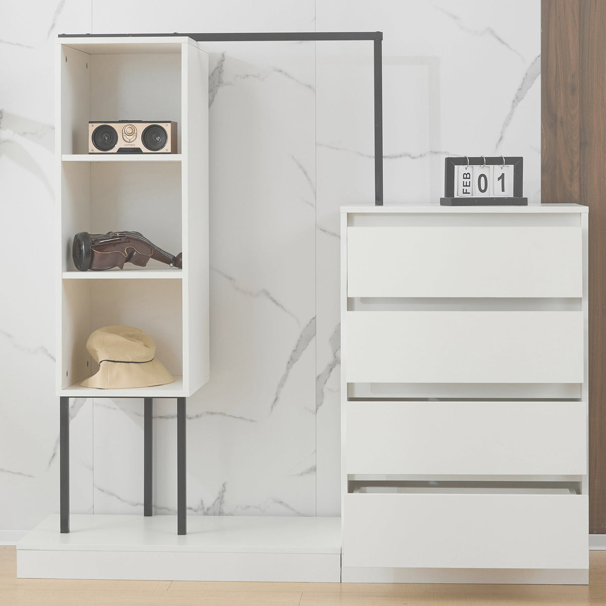 Drawer Cabinet Wardrobe Set Sideboard Clothes Rail W140/W40/H135 White