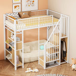 Multifunctional Loft Bed 90x200cm Storage Shelves Stairs, Metal White