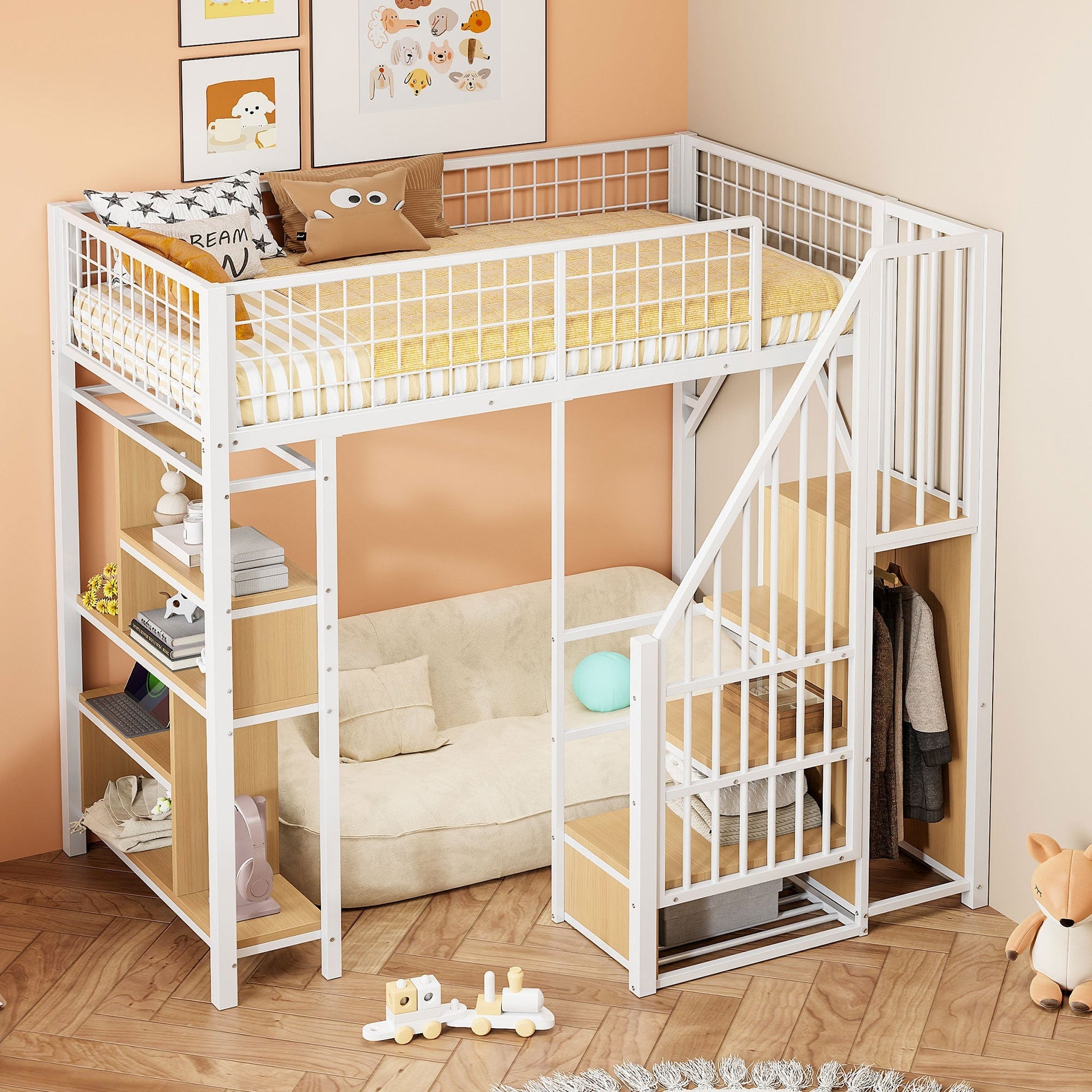 Multifunctional Loft Bed 90x200cm Storage Shelves Stairs, Metal White