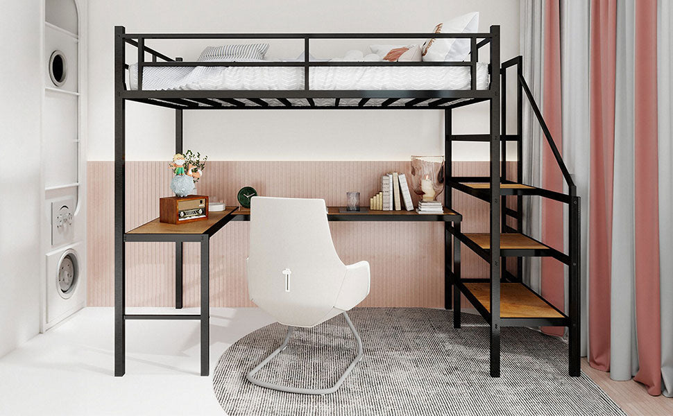 Loft Bed with L-shaped Desk, Storage & Stairs, Sturdy Metal