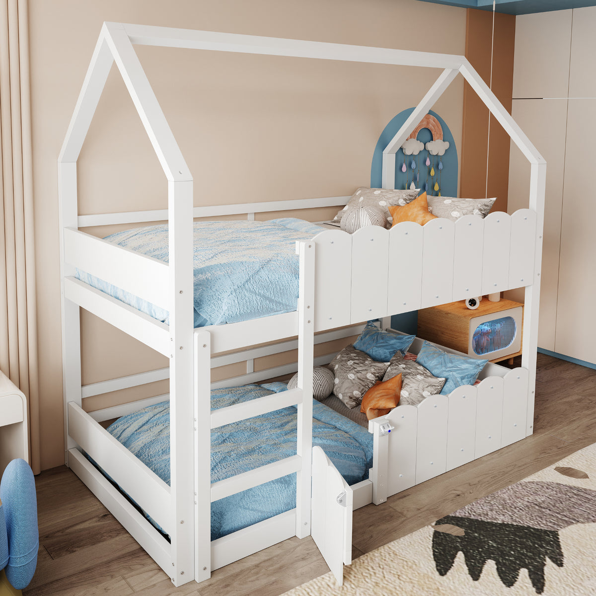 Children's Bunk Bed 90x200cm House Design with Safety Rails - White