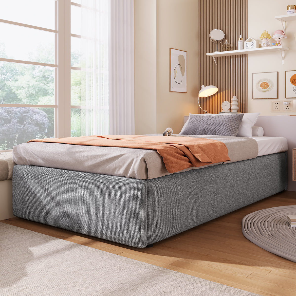 Upholstered Platform Bed 90x200cm Hydraulic Storage & Drawer, Grey