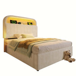 Upholstered Single Bed 90x200cm Hydraulic Storage LED USB/Type-C Adjustable Headboard - Velvet Beige (With Mattress)