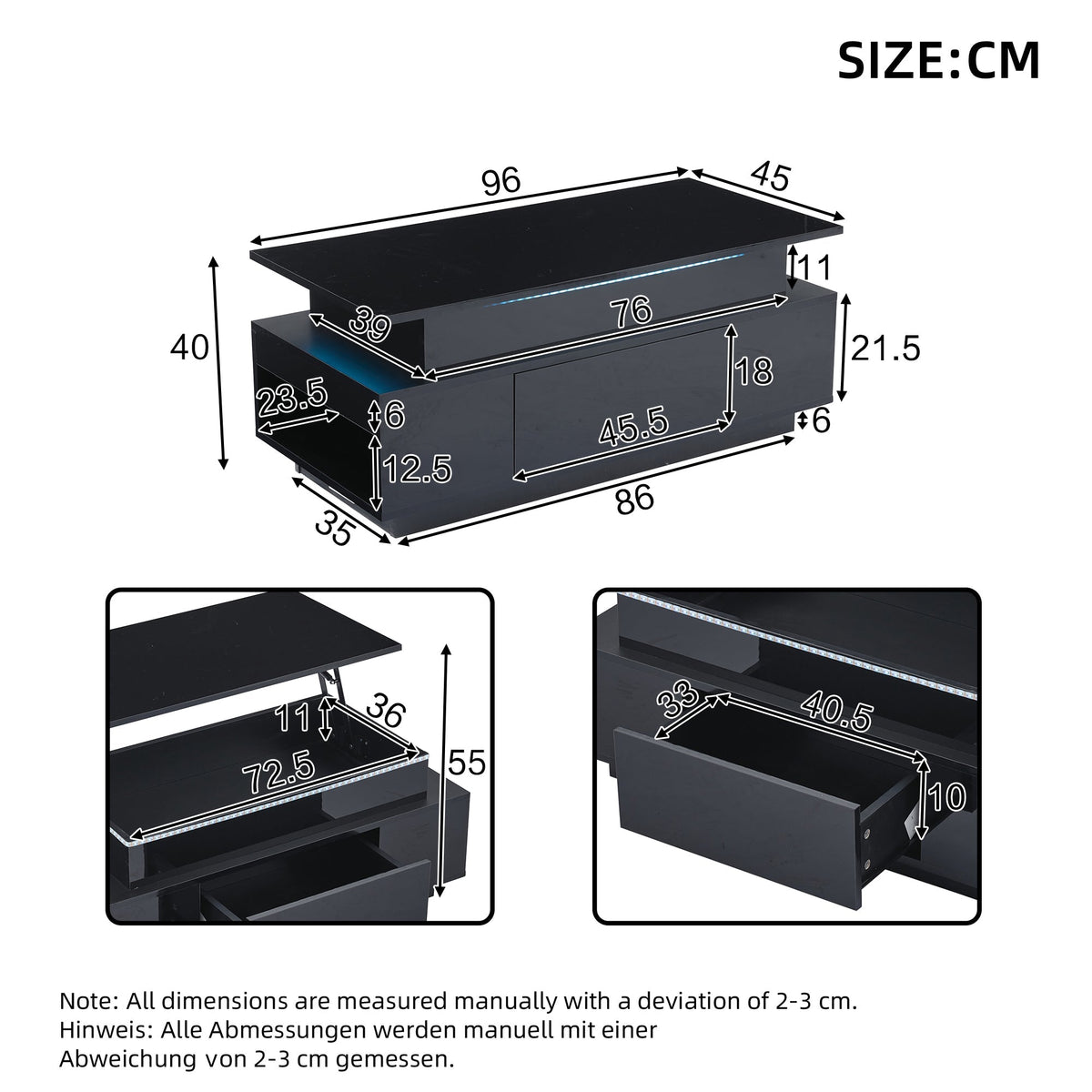 Coffee Table Height-Adjustable Hidden Storage Drawer LED High-Gloss Black