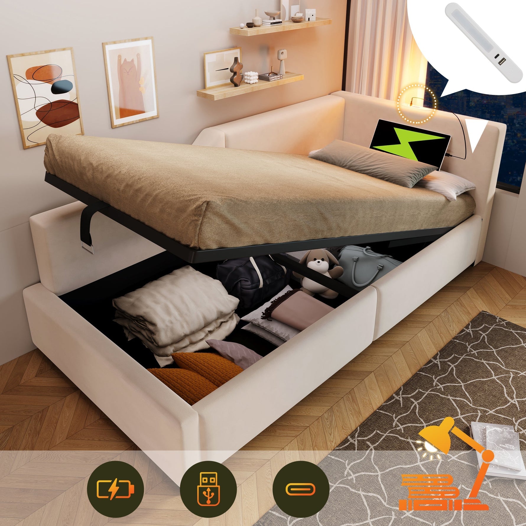Upholstered Daybed, 90x190cm Sofa Bed with Hydraulic Storage & USB-C, Velvet Beige
