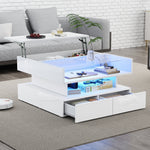 Coffee Table, 80x80x45cm Height-Adjustable Storage LED Lights Tempered Glass, White