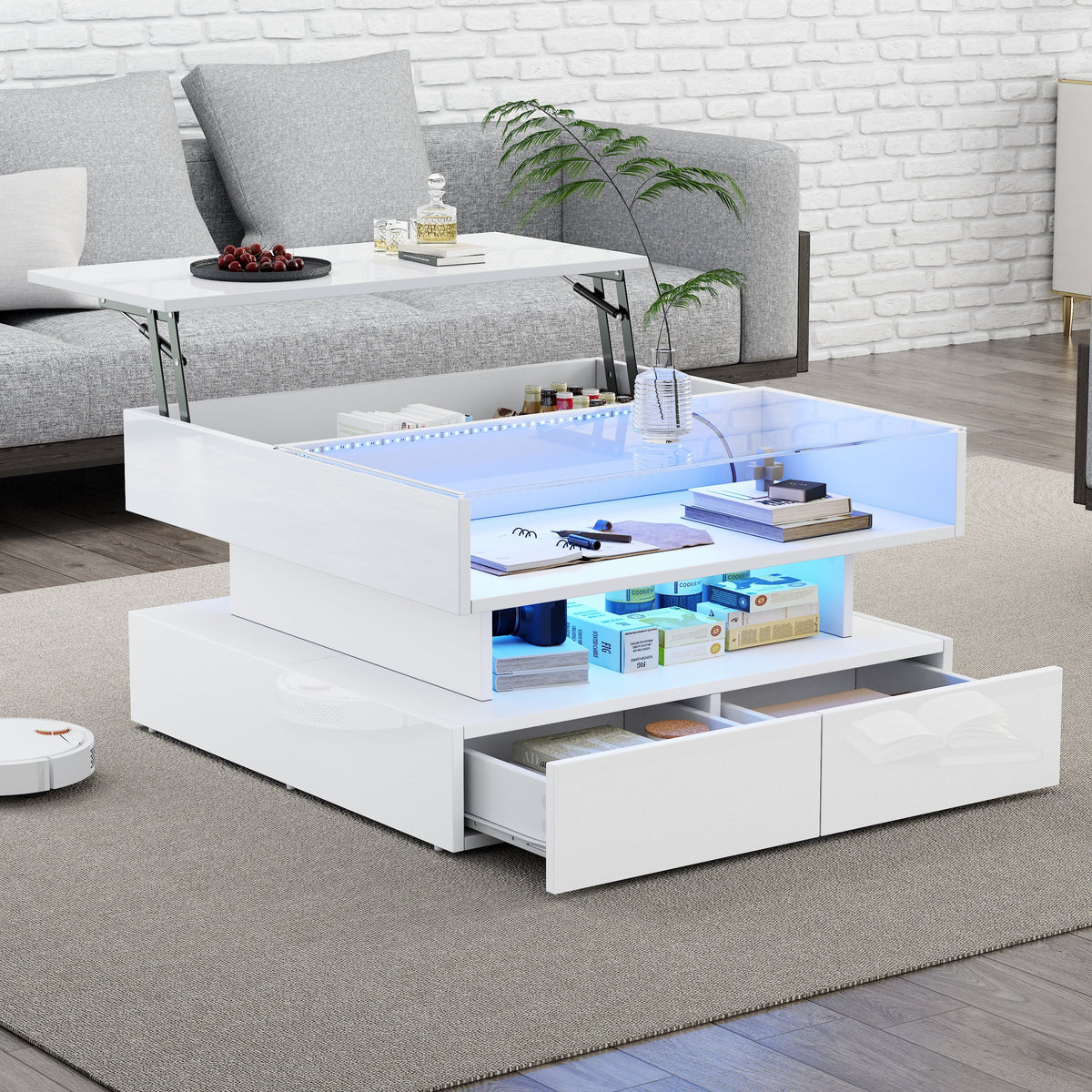 Coffee Table, 80x80x45cm Height-Adjustable Storage LED Lights Tempered Glass, White