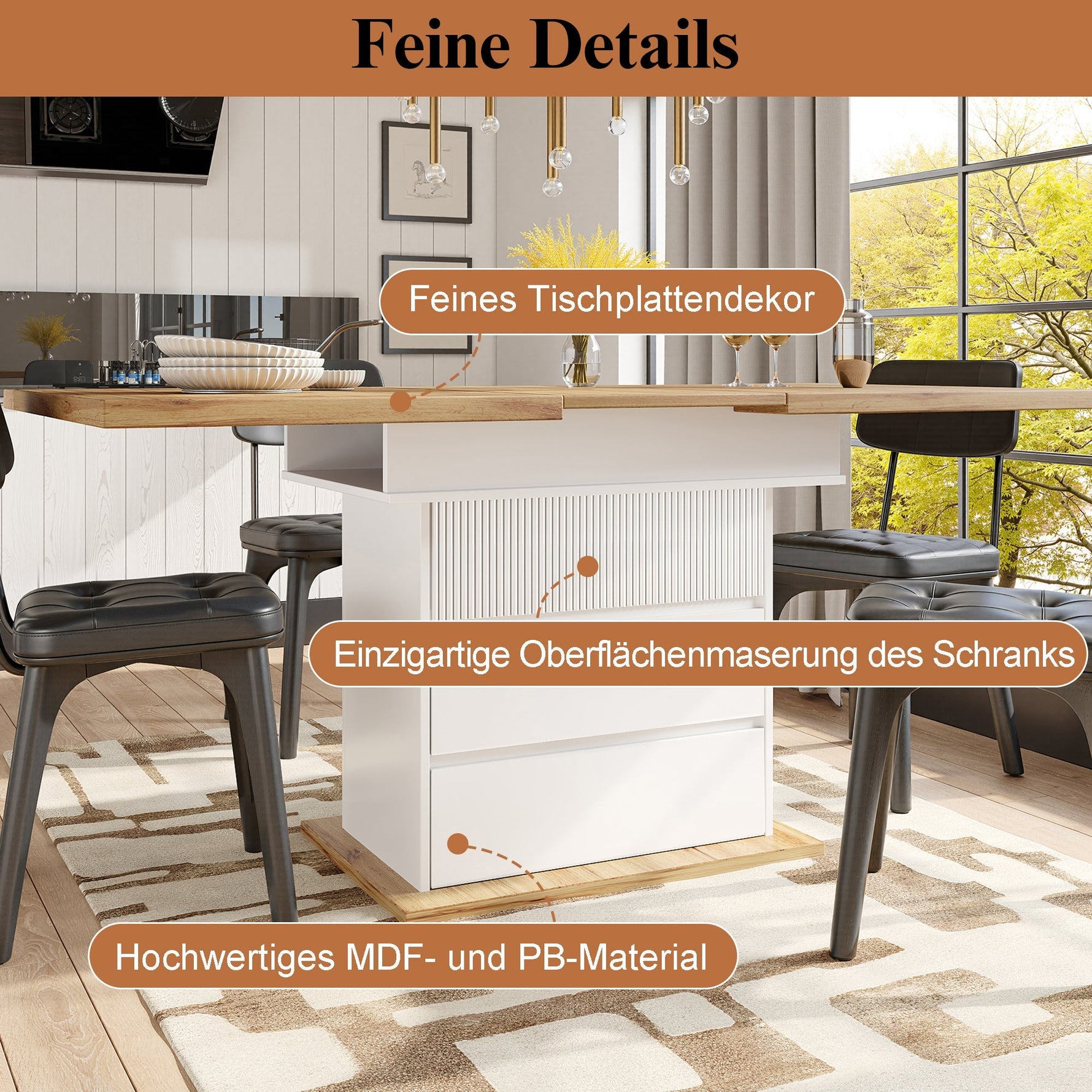 Extendable Telescopic Dining Table with Three Shelves for 4-6 People, White