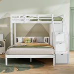 Multifunctional Bunk Bed with Wardrobe and Storage Stairs, 90x200cm and 140x200cm, White Solid Wood and MDF
