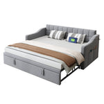 Upholstered Bed Sofa, 2-in-1 Multifunctional with Socket & Storage Bag, Light Grey Velvet