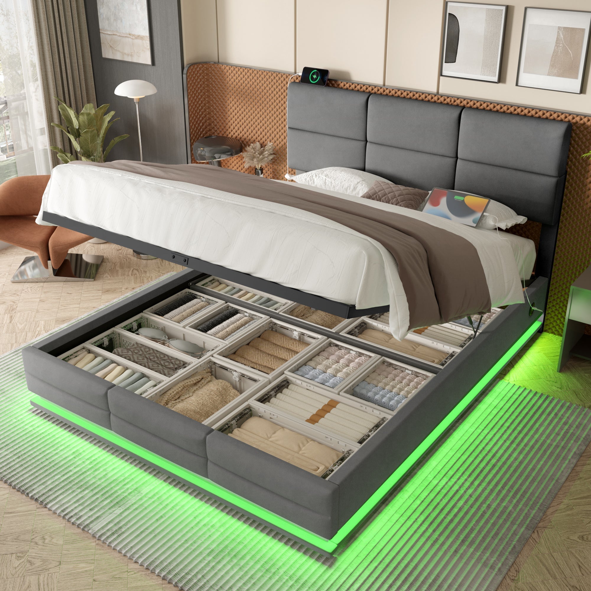Upholstered Bed 160x200cm Hydraulic Storage Adjustable Headboard LED USB/Type-C - Velour Grey