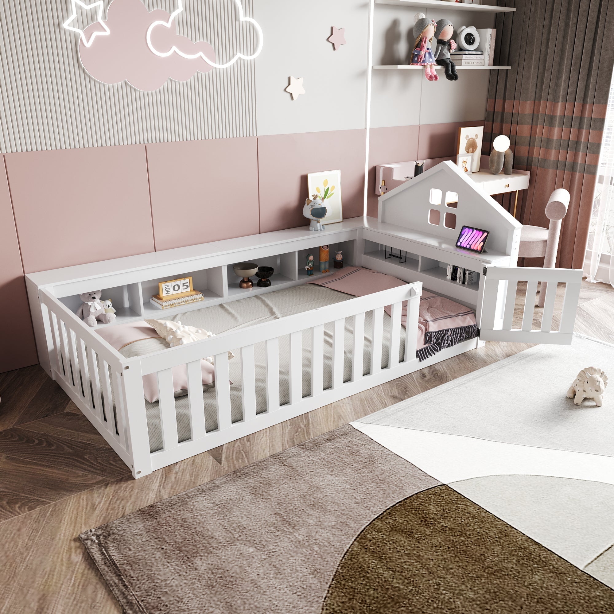 Children's Bed 90x200cm, Roof & Window, Storage, Safety Gate & Door, Solid Wood, White