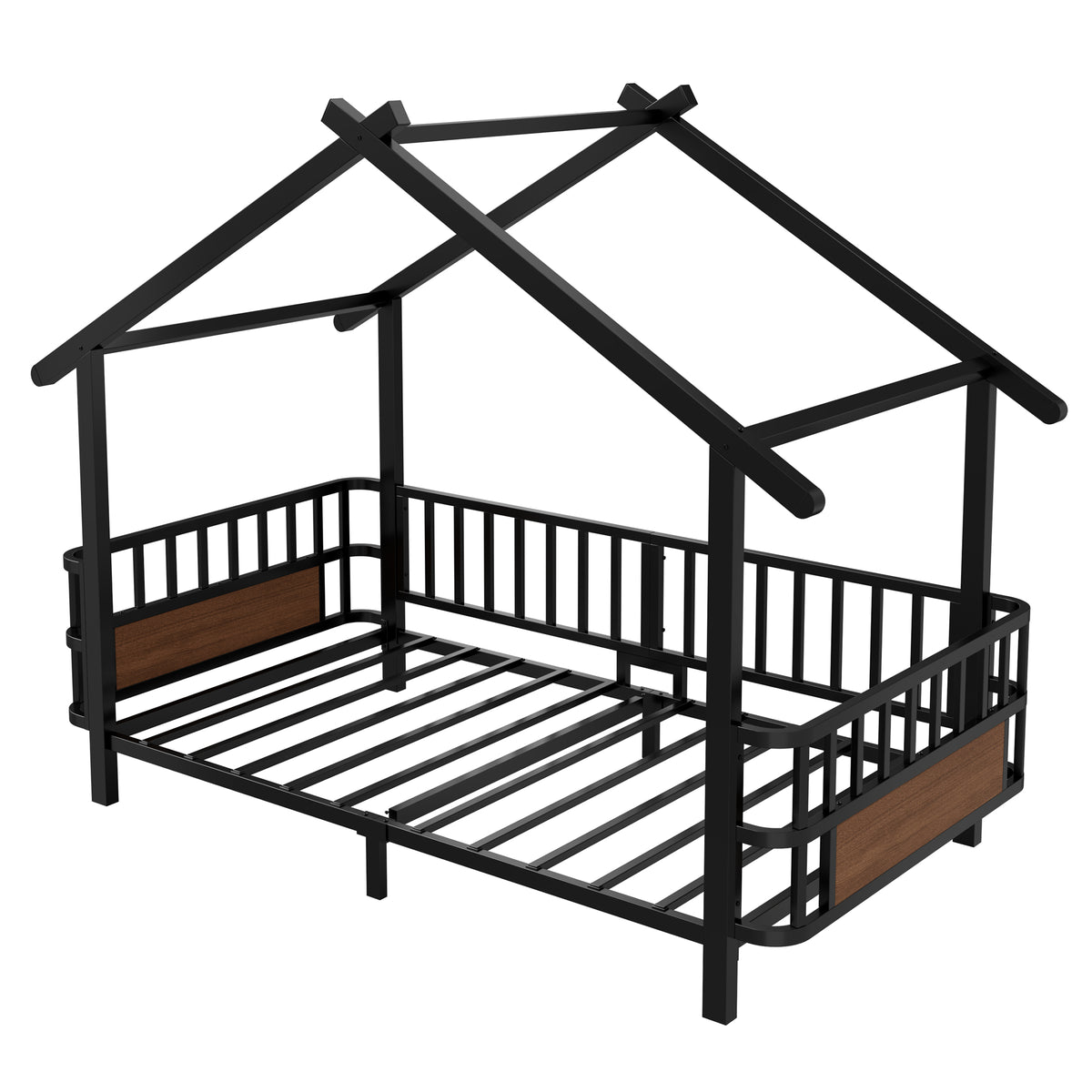 Children's House Bed 90x200cm with Safety Rail & Roof, Black Metal