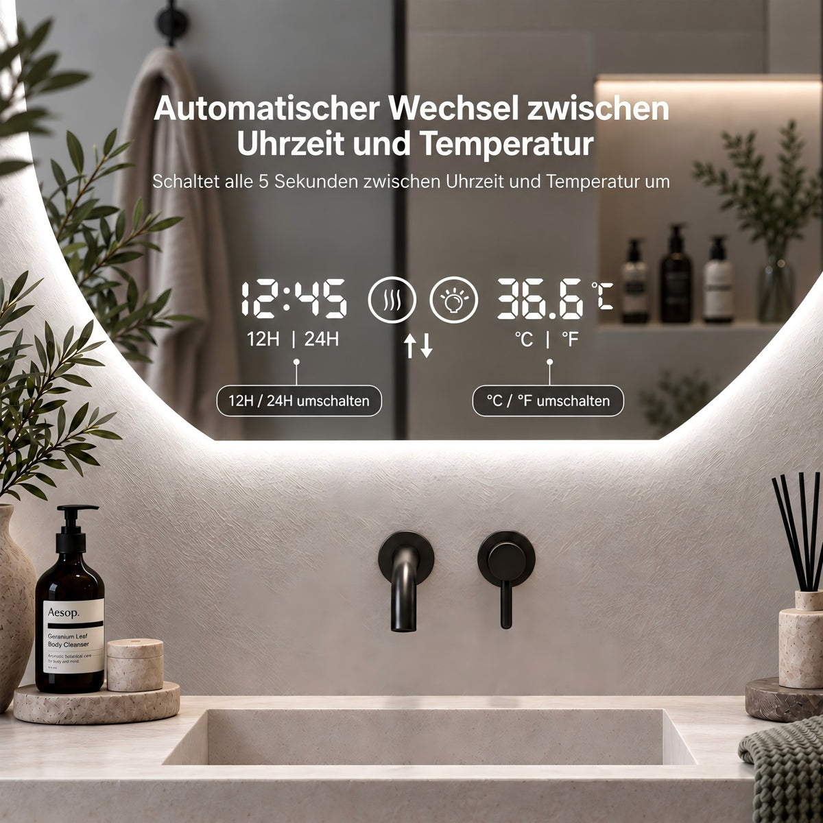 LED Bathroom Mirror 80 cm, Dimmable Anti-Fog Clock, Silver Glass
