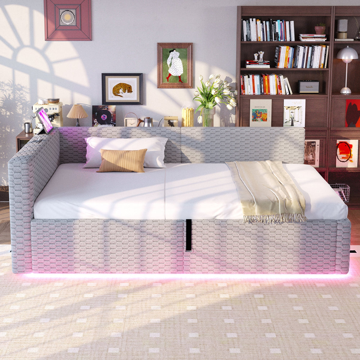 Upholstered Bed with LED, USB, Type-C and Hydraulic Storage, 90x200cm, Grey Velvet