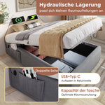 Children's Upholstered Bed, 90x190cm, Hydraulic Storage, USB-C, Linen Grey