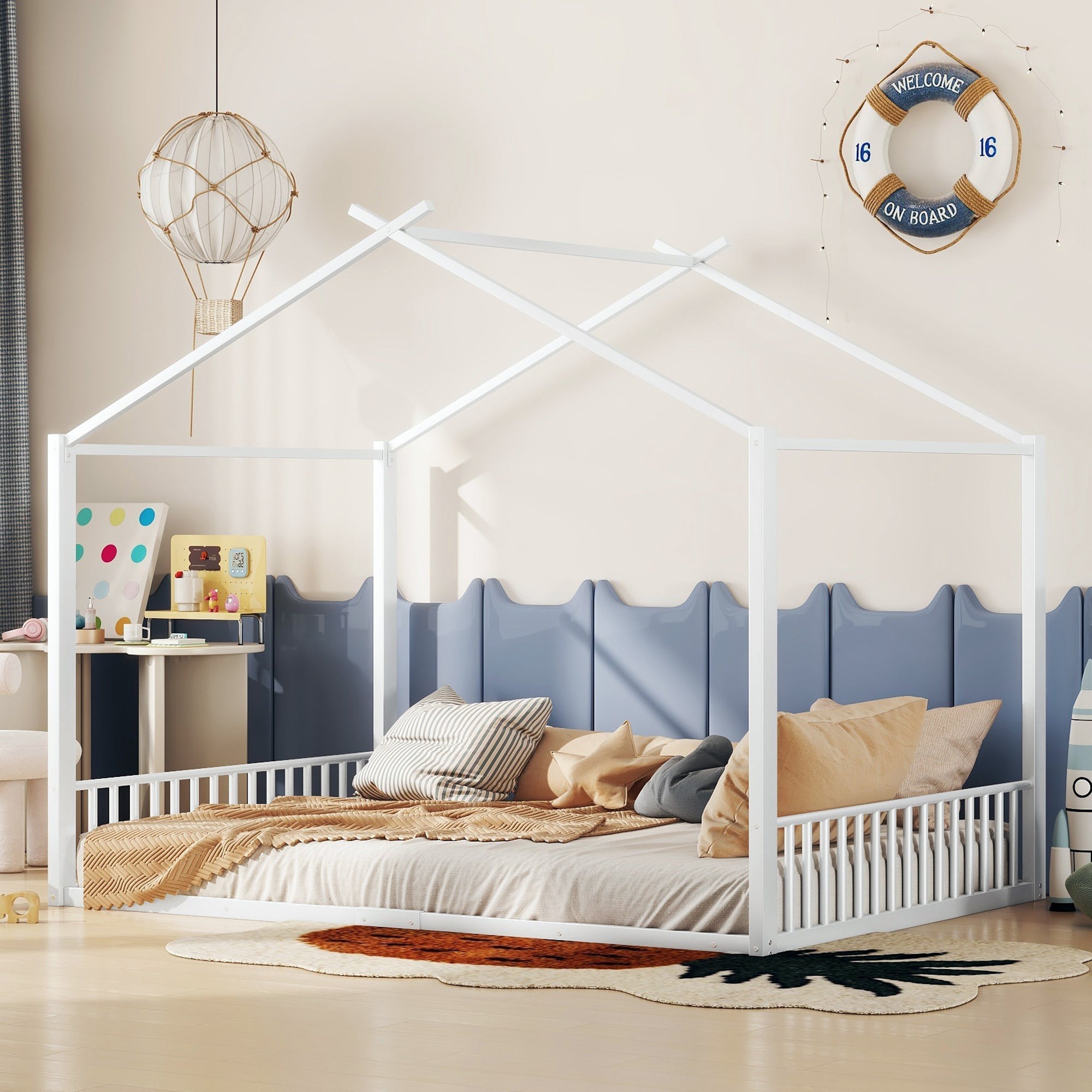 Upholstered Bed 140x200cm Iron Frame House Design - White