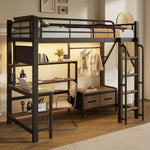 Loft Bed 90x200 with Desk, Shelves & LED Light, Black Iron Frame