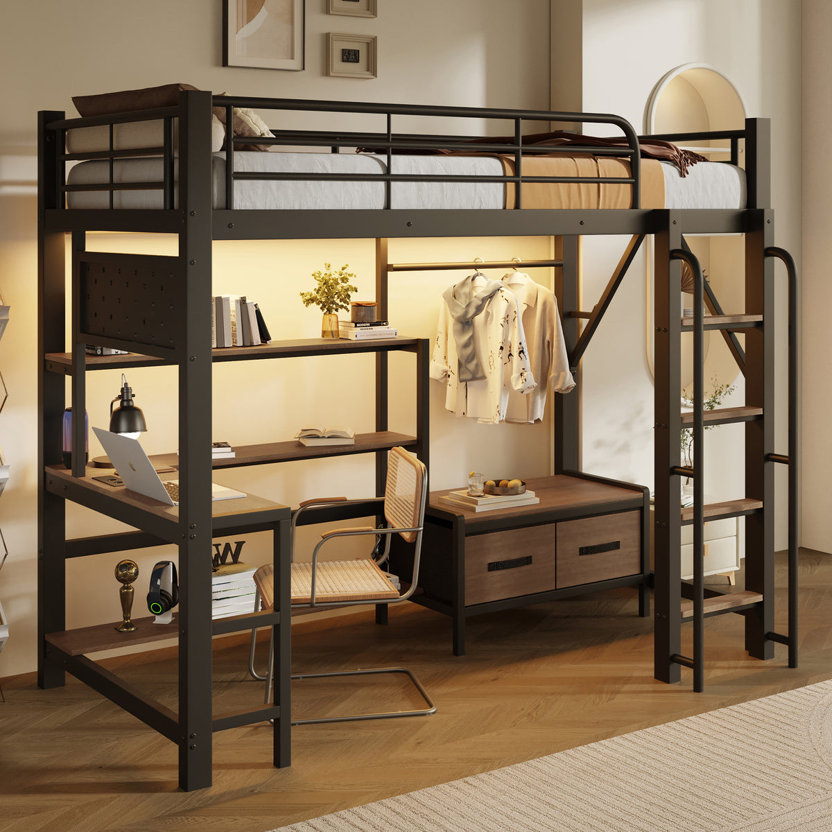 Loft Bed 90x200 with Desk, Shelves & LED Light, Black Iron Frame