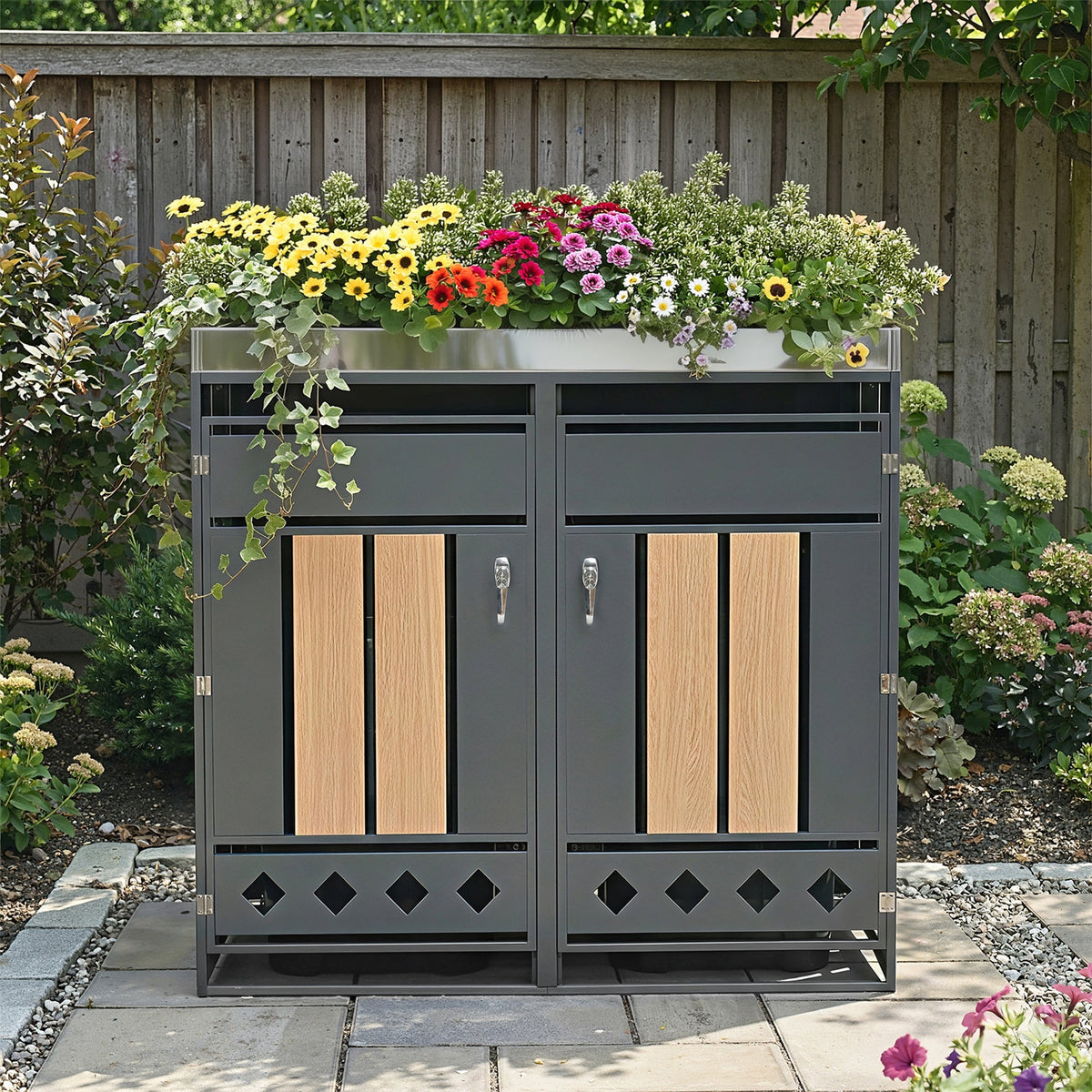 Bin Storage Unit with Planting Area, Lockable Two Doors and Hollow Base, Wood Grain Wood