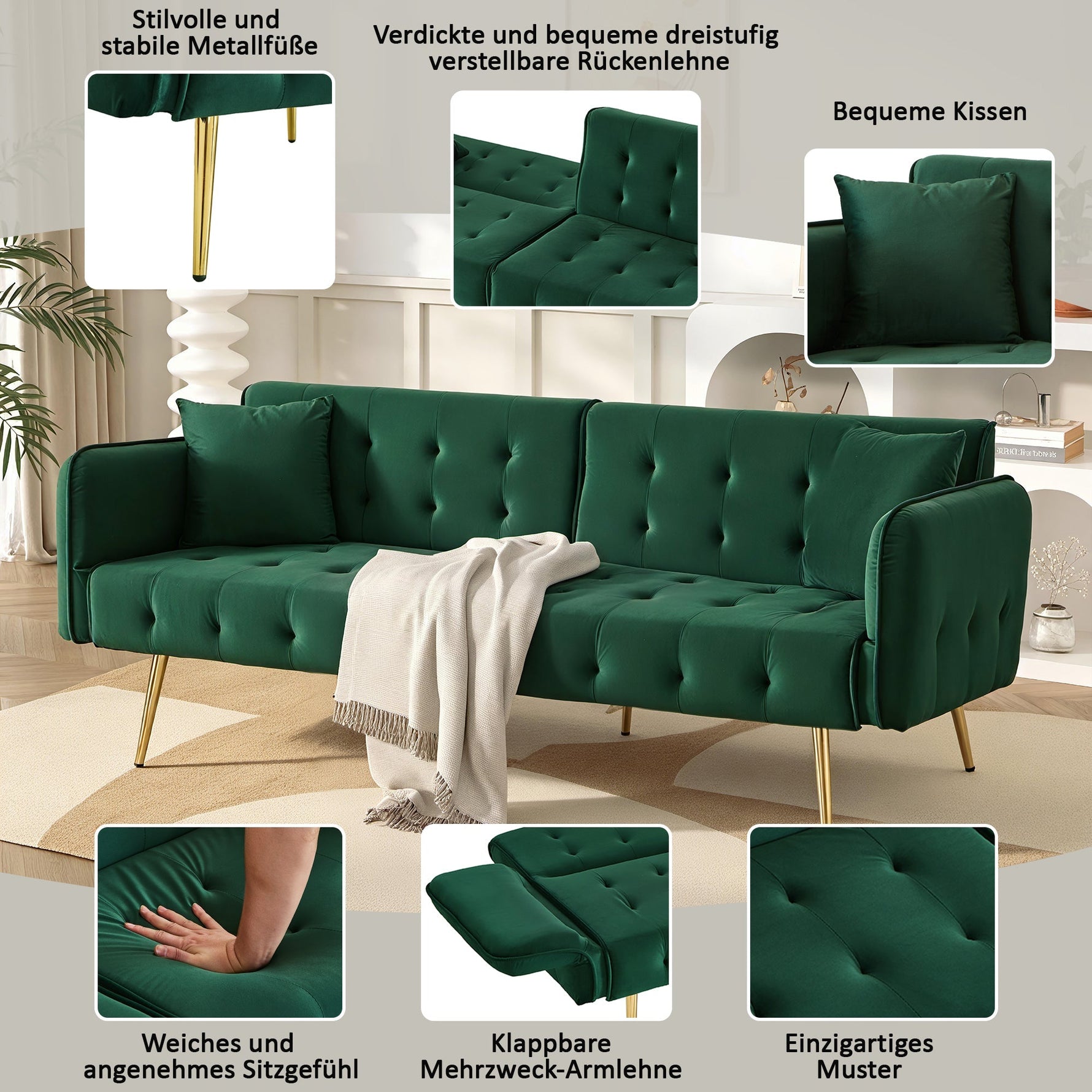 Two-seater Folding Sofa Bed Multifunctional Adjustable Velour